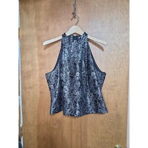 Michaelangelo Vintage Silver Black Floral Brocade Halter Top Evening Blouse L